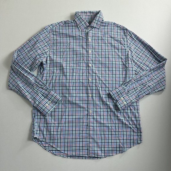 Peter Millar Summer Comfort Men’s Large Blue White Long Sleeve Button Up Plaid - Picture 1 of 8